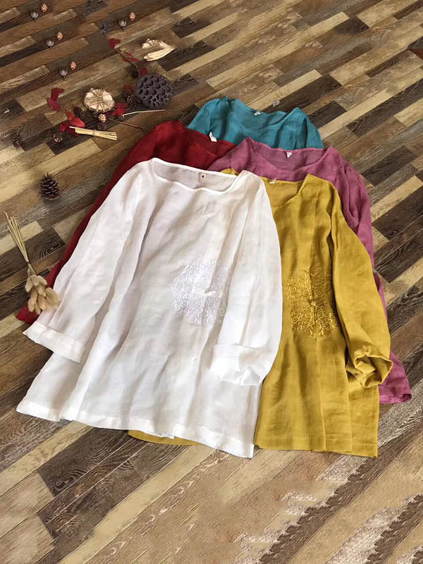 Vintage Ramie Cotton Embroidered Round-Neck T-Shirt Tops