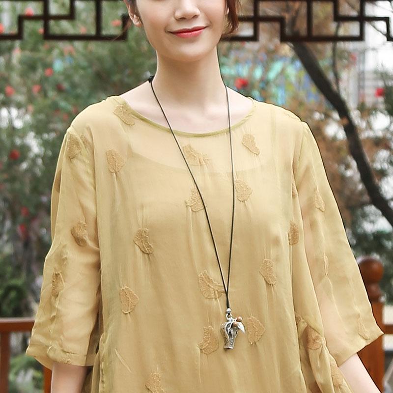 Embroidery Round Neck Half Sleeve Casual Yellow Dress