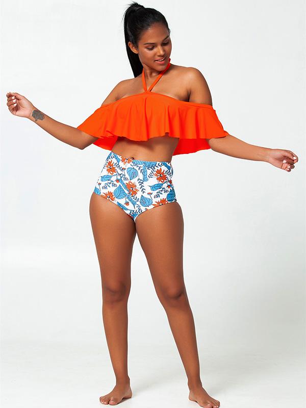 Sexy Bare Shoulders Flounces Split Bikini Swimsuit