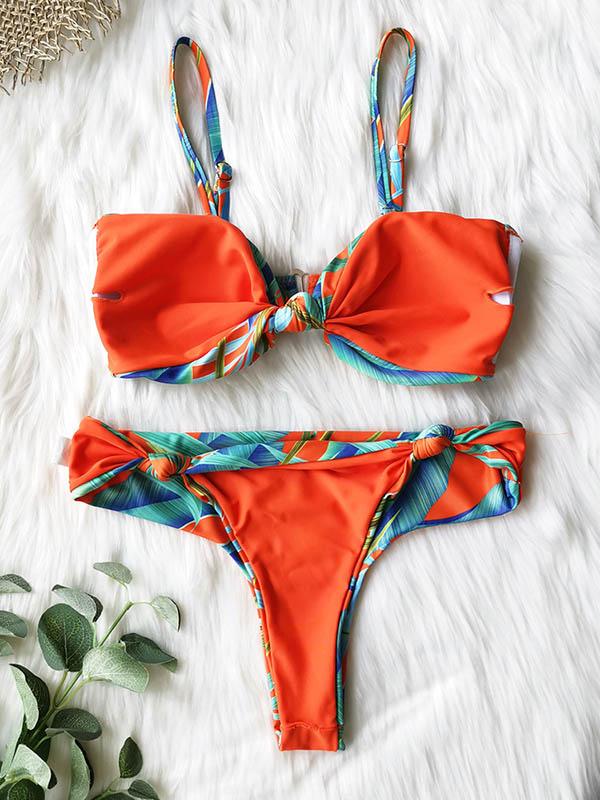 Floral-Print Knotted Split Bikini Swimsuit