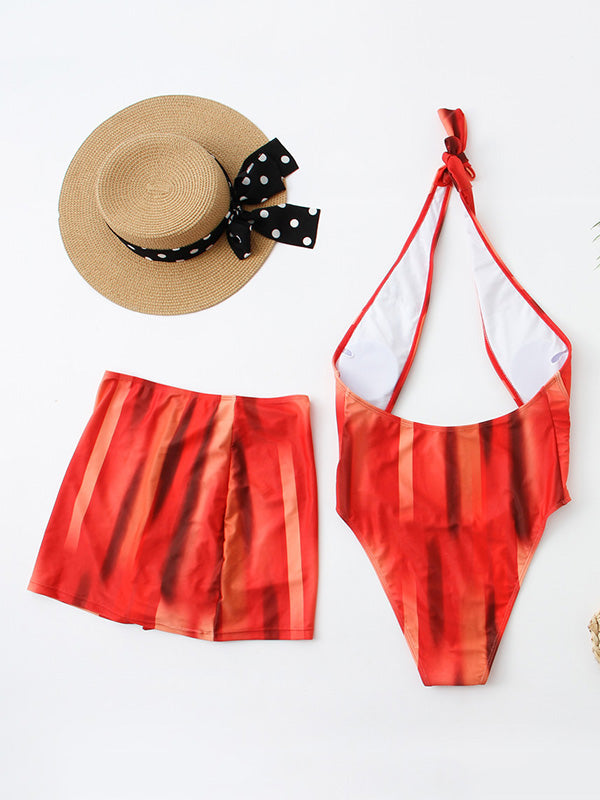 Tie-Dyed Hollow One-Piece Swimwear+Drawstring Cover-Ups Skirt Two-Pieces Set
