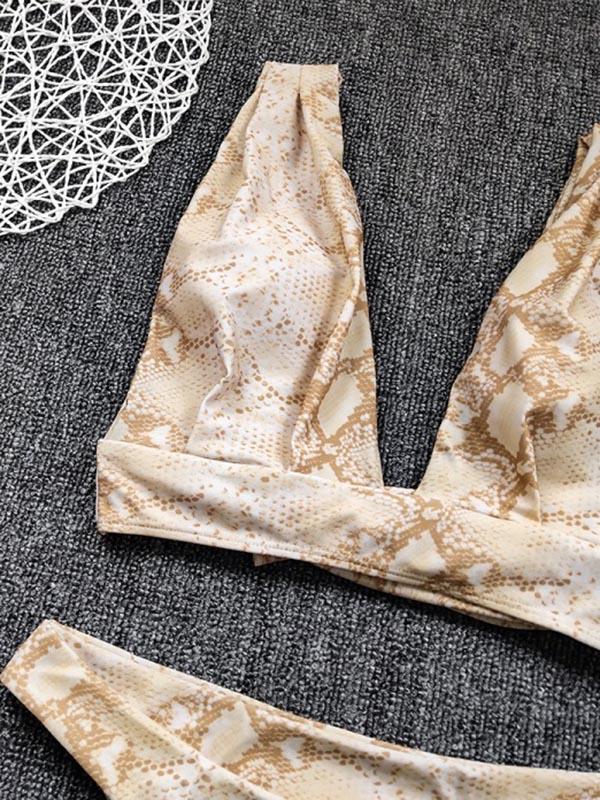 Snake-Print Deep V-Neck Split Bikini Swimsuit