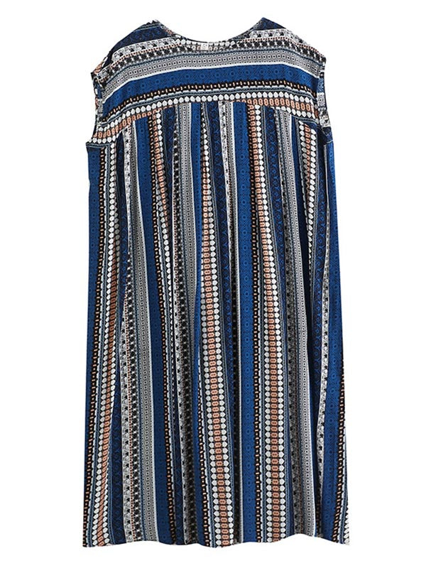 Casual Split-Joint Striped Round-Neck Short Sleeves Loose Midi Dress