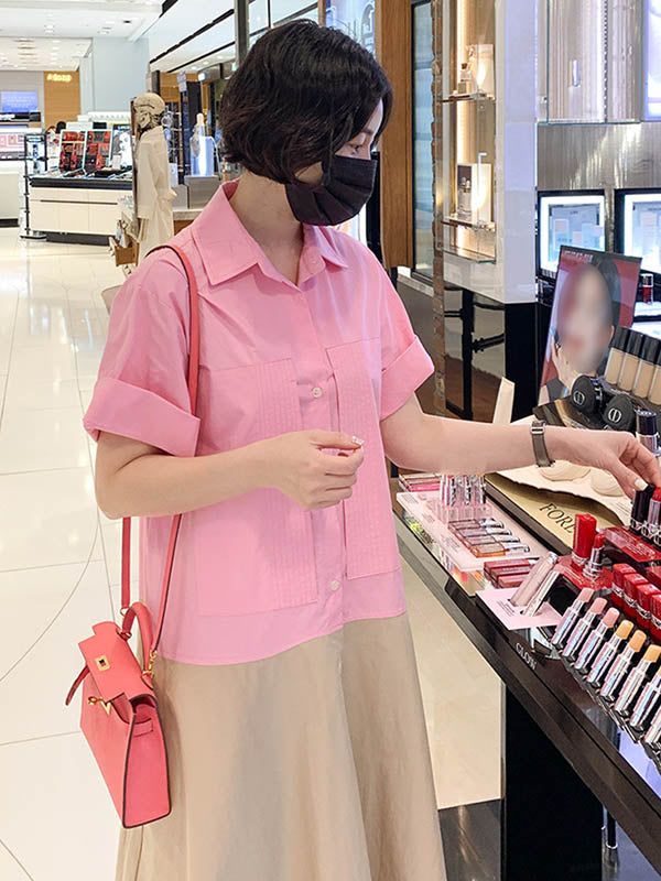 Fashion Split-Joint Lapel Buttoned Short Sleeves Midi Dress