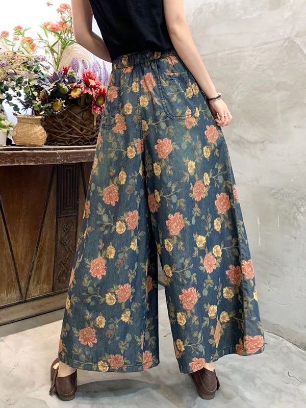 Loose Artistic Retro Wide Legs Floral Printed Jean Pants