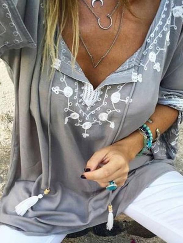 Long Sleeves V-neck Floral Blouses&shirts Tops