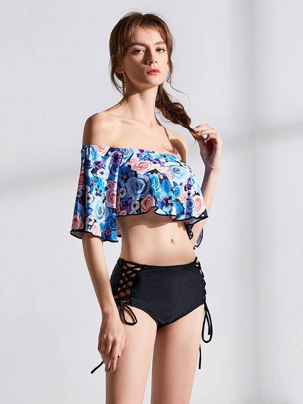 Off-the-shoulder Short Sleeves Printed Bikinis Swimwear