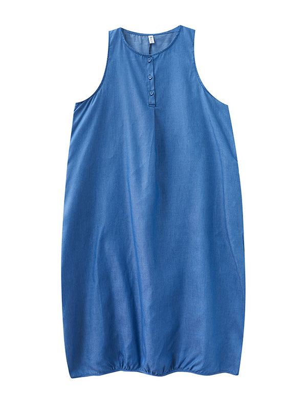 Simple Casual Denim Solid Color Midi Dress