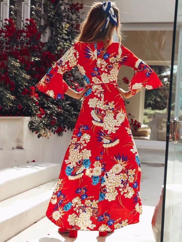 Flared Sleeves Printed Wrap Bohemia Dress