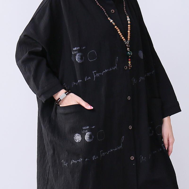 Novelty Pocket Slit Long Sleeves Women Black Dress