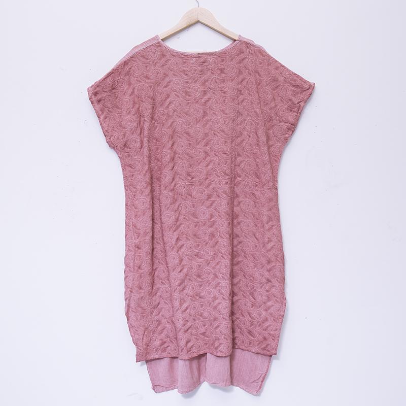 Summer Women Embroidery Round Neck Short Sleeve Pink Irregular Splitting Dress