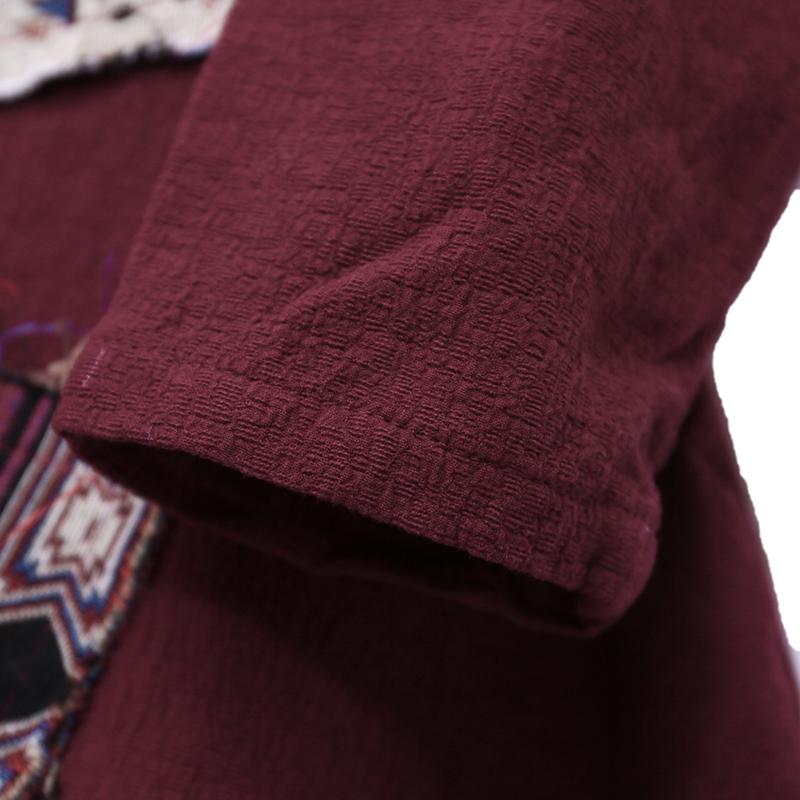 Chic Applique Retro Image Long Sleeves Linen Dark Red Women Dress