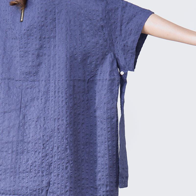 Women Lacing Loose Casual Short Sleeve Blue Shirt