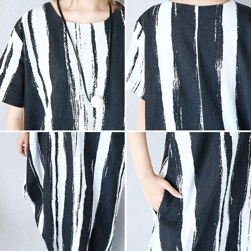 Cotton Linen Short Sleeves Black Dress