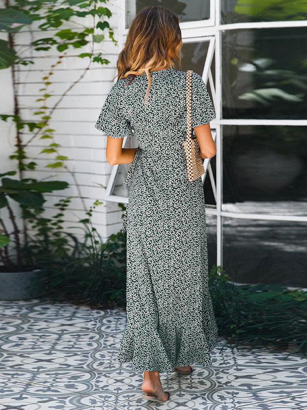 Printed Short Sleeves Split-front V-neck Maxi Dresses