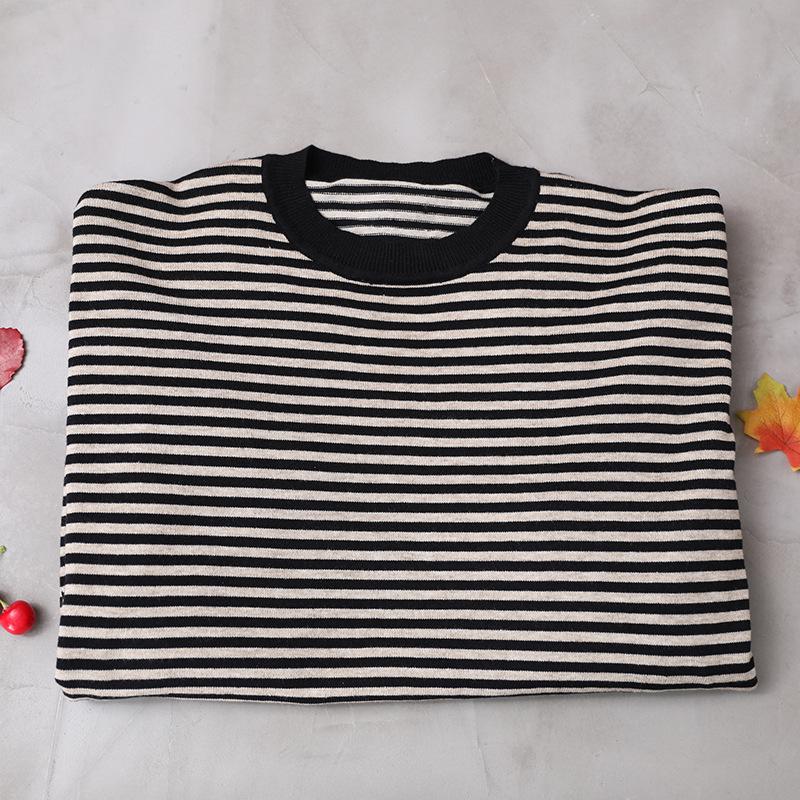 Buykud Ultra-loose Classic Striped Round Neck Blouse