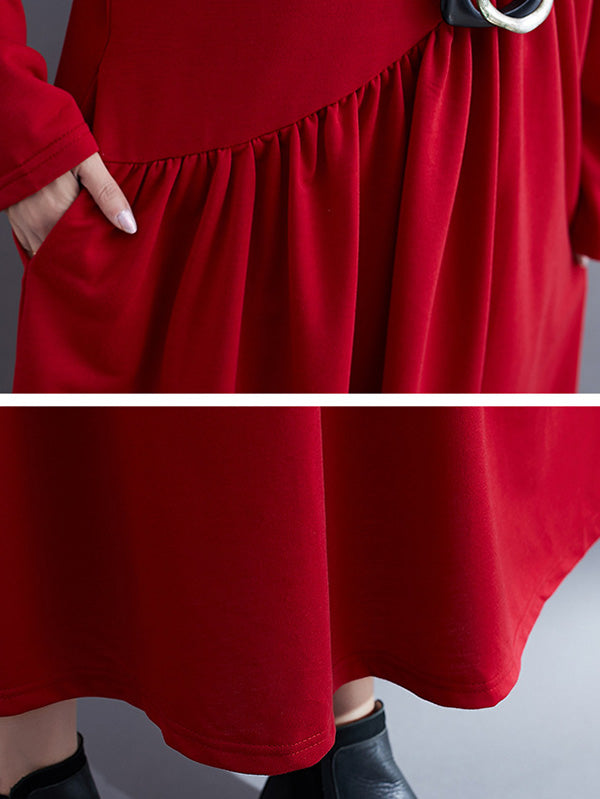 Simple Solid Color Asymmetric Split-Joint Long Sleeve Midi Dress
