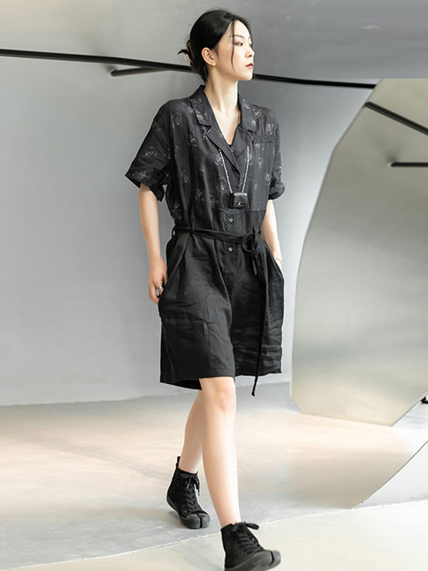 Urban Black Linen Printed Notched Collar Rompers