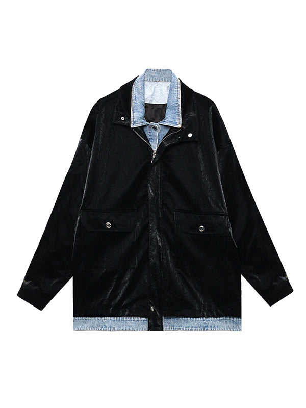 Original Stylish Cool Denim Split-Joint With Pocket Buttoned Lapel Collar Long Sleeves False Two Outwear