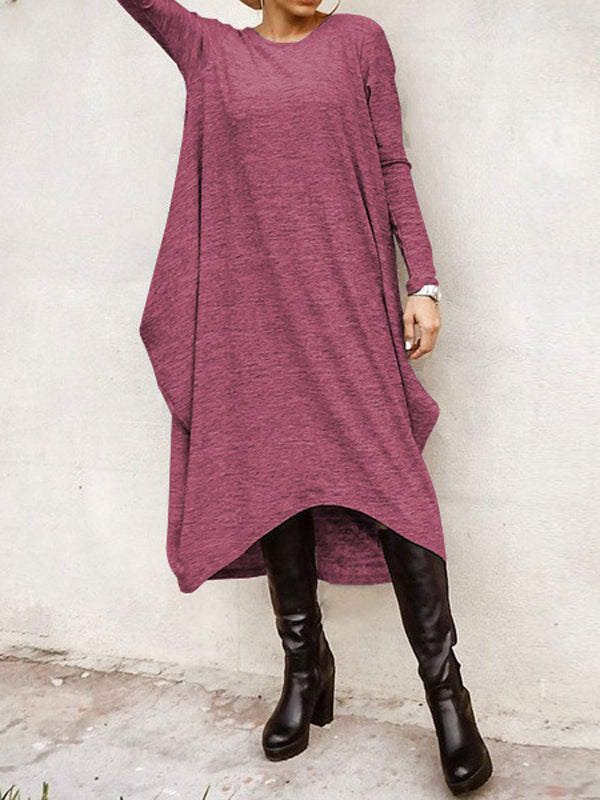 Simple Solid Color Round-Neck Long Sleeves Midi Dress