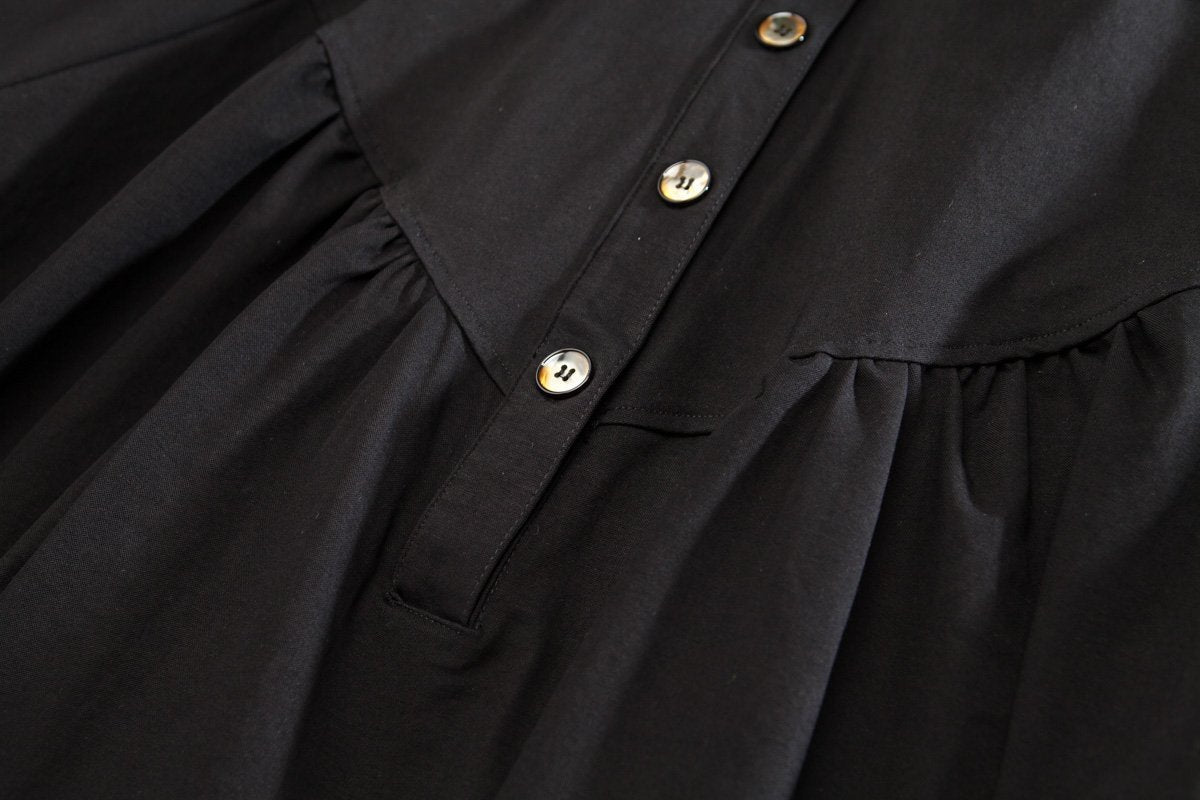 Cotton Solid Black Loose A-Line Long Sleeve Dress