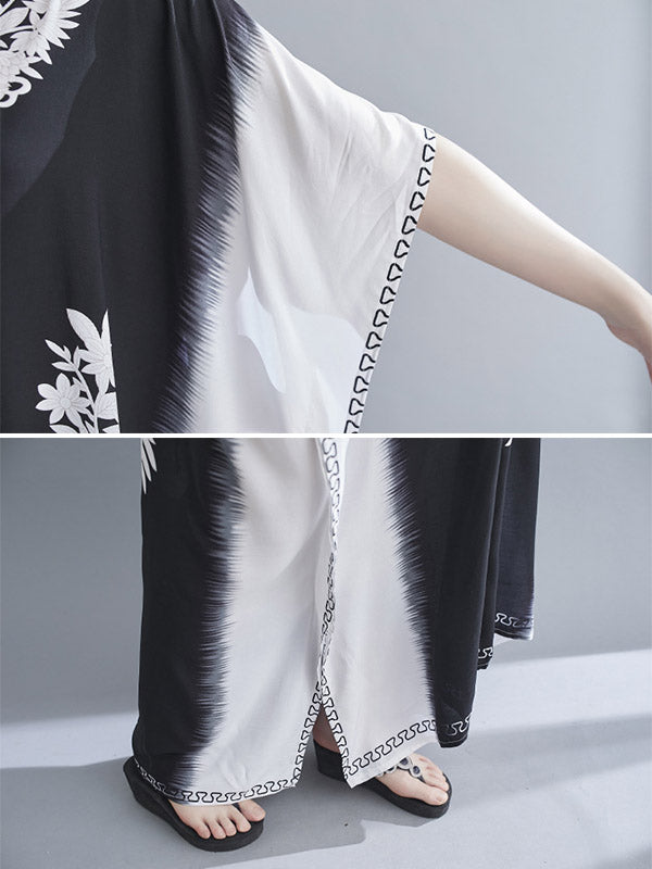 Bohemia Printed V-Neck Batwing Sleeves Contrast Color Maxi Dress