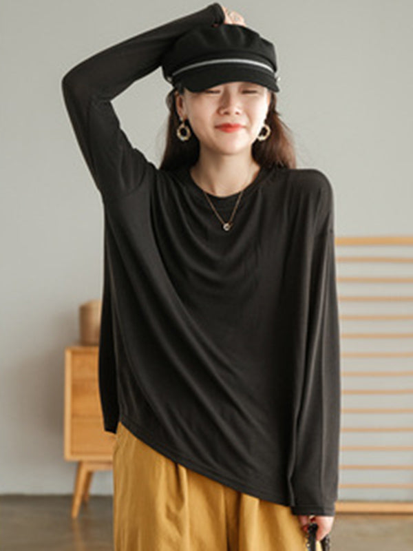 Casual Simple Solid Color Loose Round-Neck Long Sleeves T-Shirt