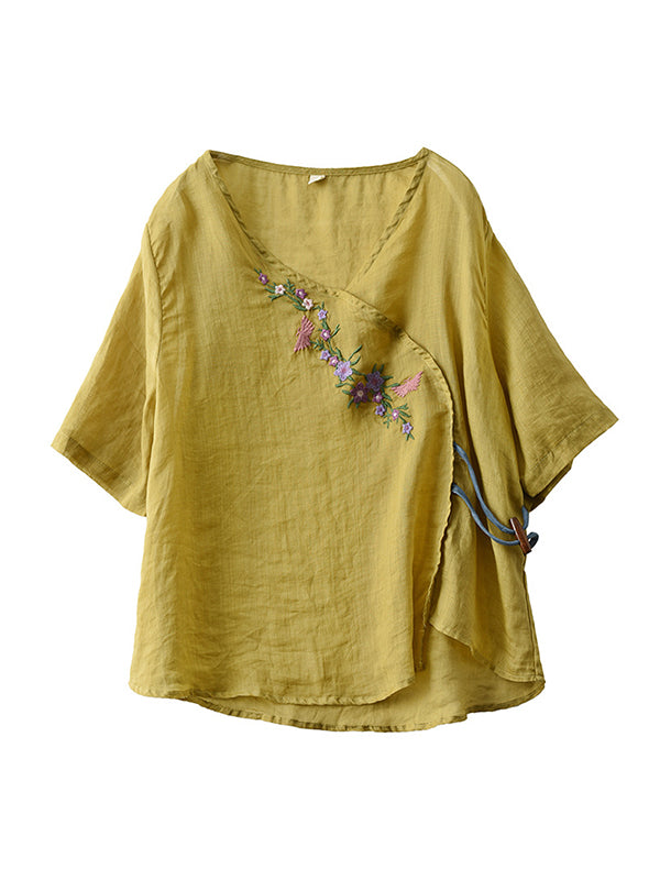Vintage Artistic Retro Ramie Cotton Embroidered T-Shirt Top