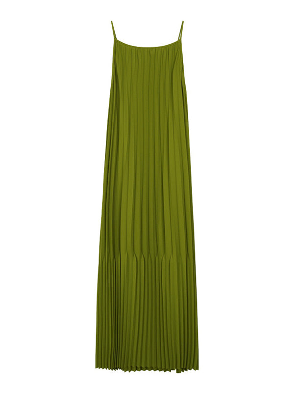 Fashion Spaghetti-Neck Solid Color Pleated Vest Dress Midi Dress