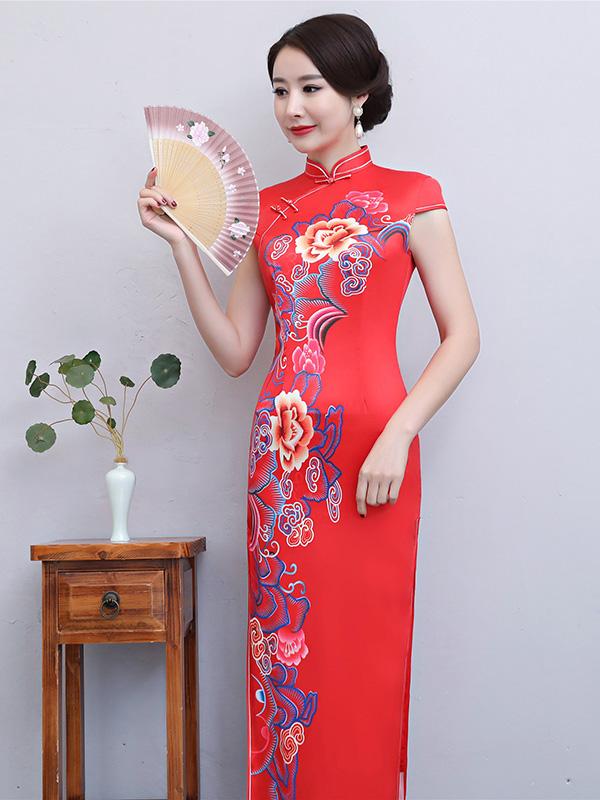 Red Floral Side Split Long Cheongsam