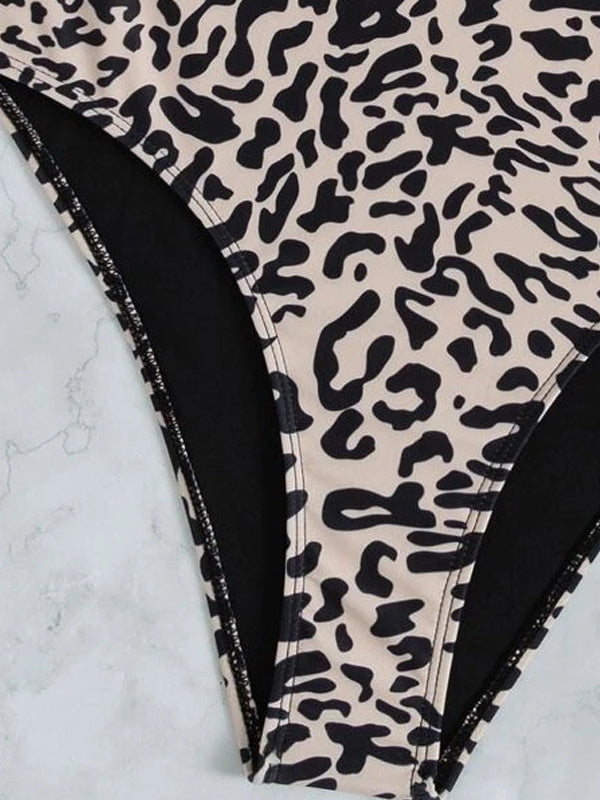 Contrast Color Leopard Tie Side One-Piece Swimsuit