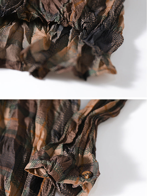 Vintage Long Sleeves Buttoned Plaid Printed Blouses Top