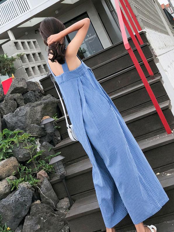 Blue Striped Sleeveless Wide Leg Jumpsuits