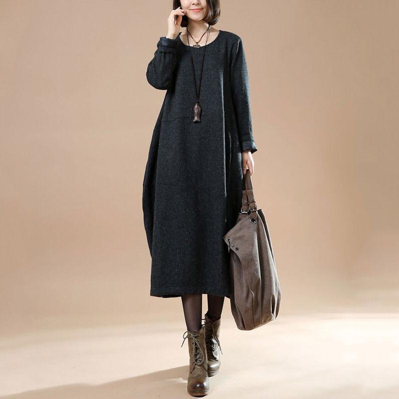 Autumn Large Size Women's Long Sleeve Wool Dark Gray Dress