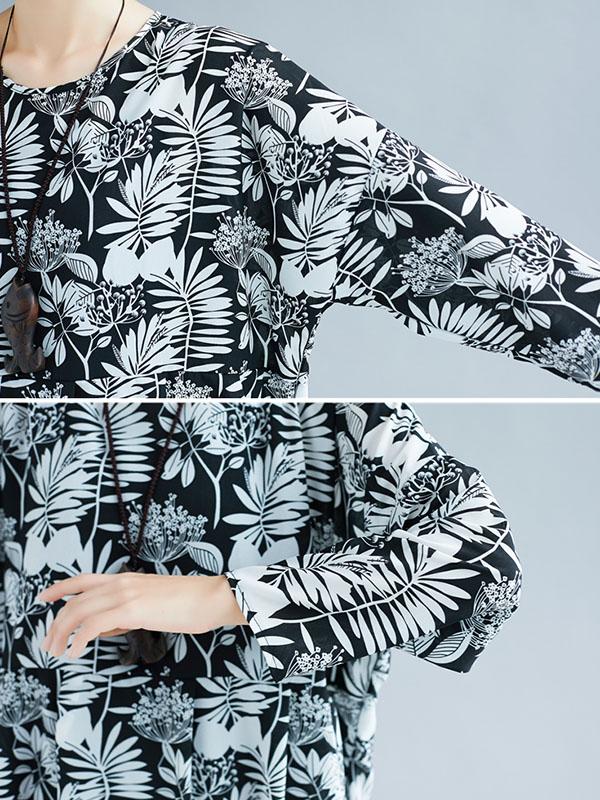 Loose Chiffon Plants Print Round-neck Long Dress+Black Jumper Skirt