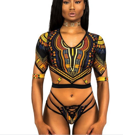 Ladies multi-belt tie print long-sleeved sexy split bikini