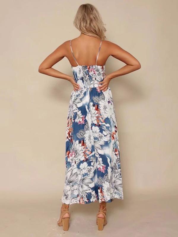 Floral Spaghetti Neck Backless Maxi Dresses