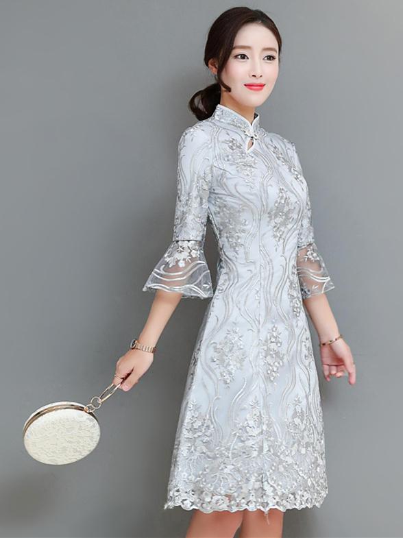 Gray Lace Flared Sleeves Short Cheongsam