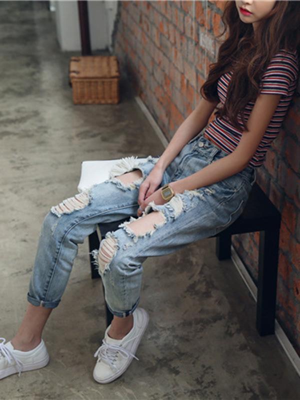 Ripped Loose High Waist Jeans Pants Bottoms