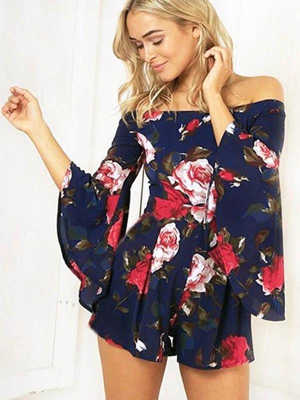 Flared Sleeves Printed Off-the-shoulder Romper