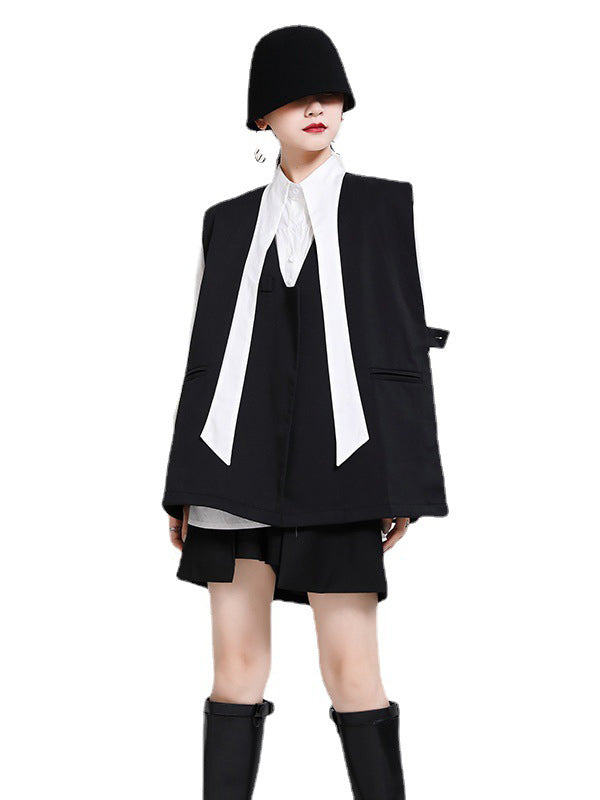 Stylish Urban Contrast Color Buttoned Lapel Collar Long Sleeves Blouse+Sleeveless Vest Outwear
