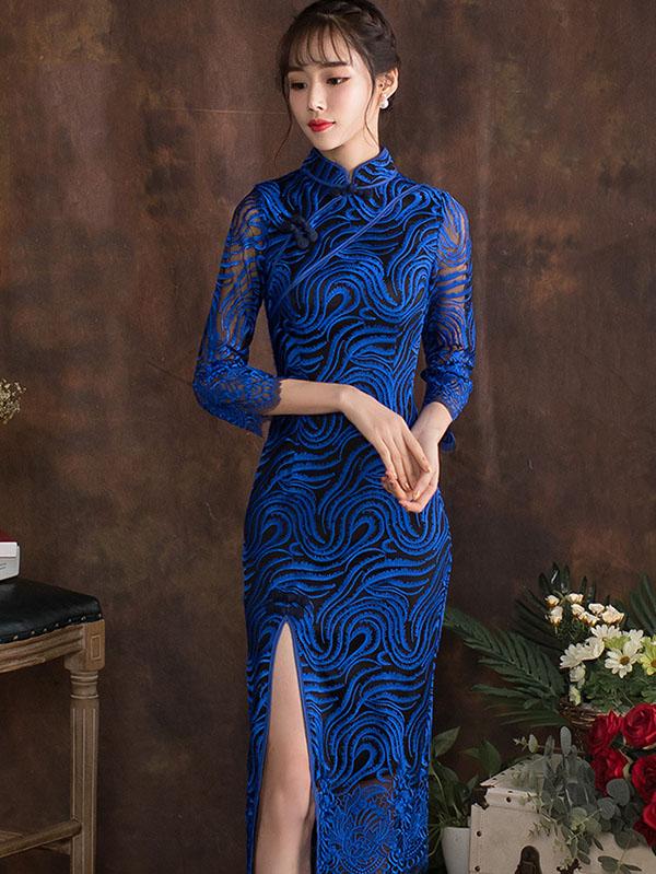 Royal-blue Whorl Cheongsam Midi Dress