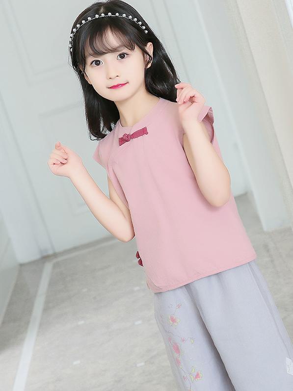 Casual Chinese Style Cotton Little Girl Suit Pants and T-shirt