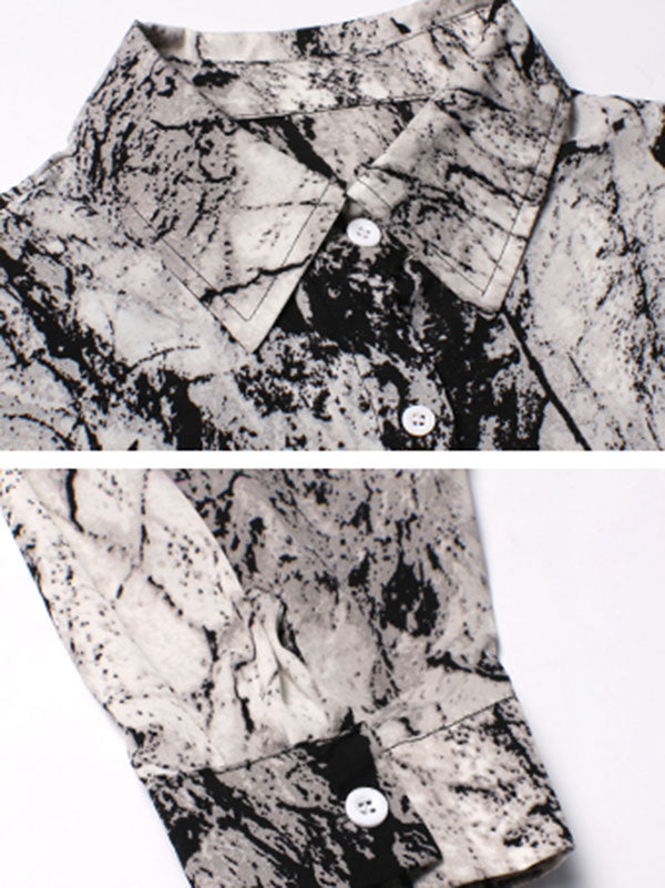 Fashion Ink-Printing Lapel Long Sleeves Blouse+ Elastics Wide Leg Shorts Suit