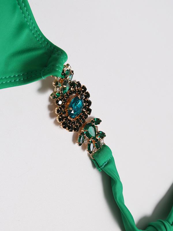 Solid Color Imitated Crystal Decorated Bikinis Swimwear