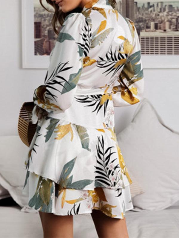 Floral Flared Sleeves V-neck Mini Dress