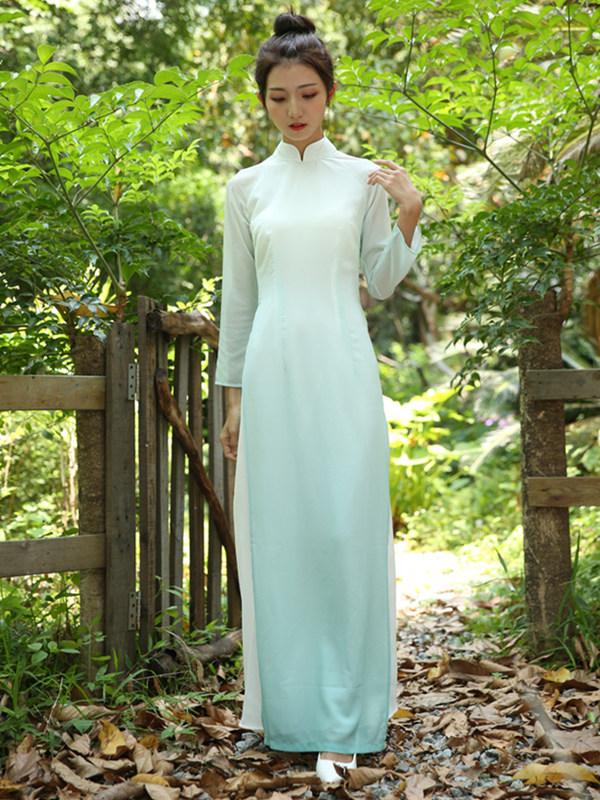 Gradient Green Split-side Long Ao Dai Cheongsam Dress