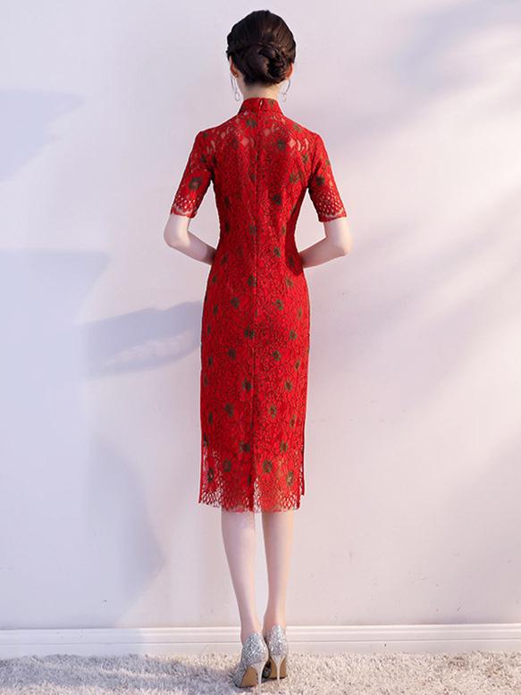 Red Lace Dacron Split-side Midi Cheongsam