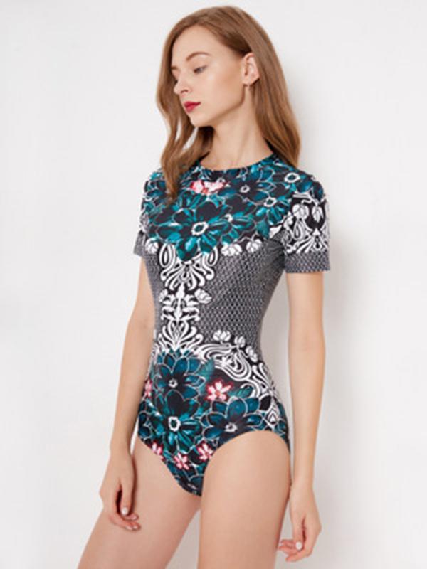 One-piece Short Sleeves Floral Wetsuit
