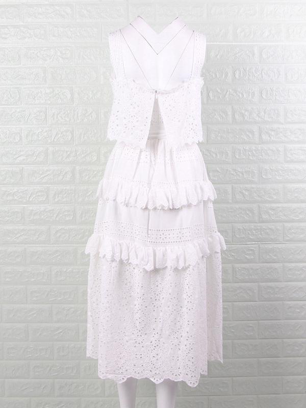 Sexy High Waist Hollow Lace Slip Cake Midi Dress